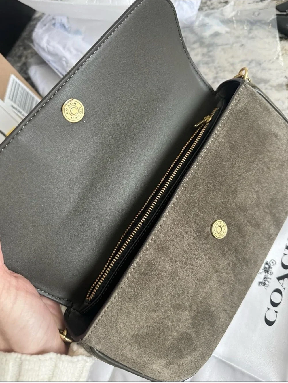 Coach Olive Green Suede Shoulder Bag with Gold Hardware